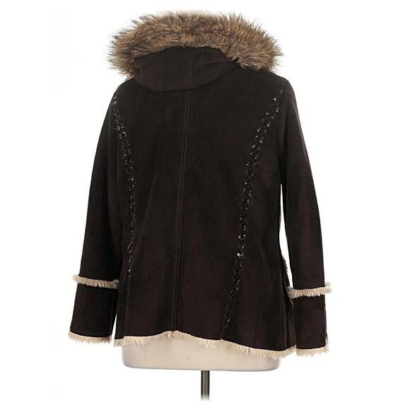 Vtg Y2K Esprit Brown Faux Suede Hooded Penny Lane Toggle Coat | Afghan Boho 1X - Picture 9 of 13